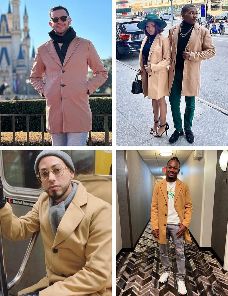 Springrain Men's Wool Blend Pea Coat Notched Collar Single Breasted Overcoat Warm Winter Trench Coat(Khaki-XL) - Image 5